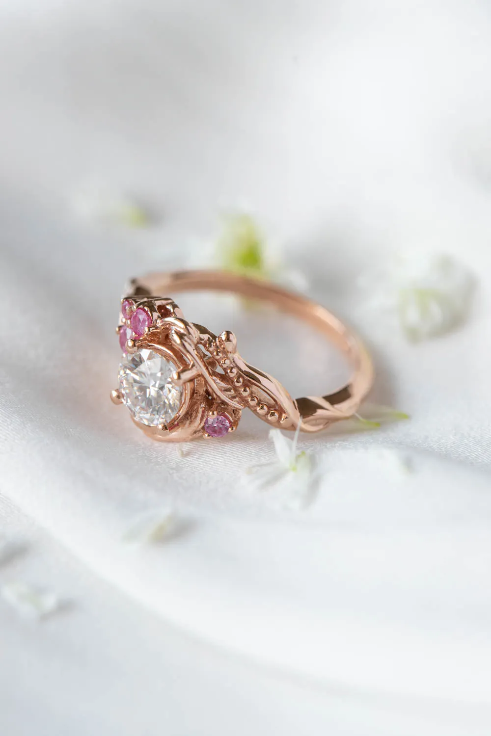 1 carat lab grown diamond engagement ring, nature themed gold proposal ring with sapphires / Undina