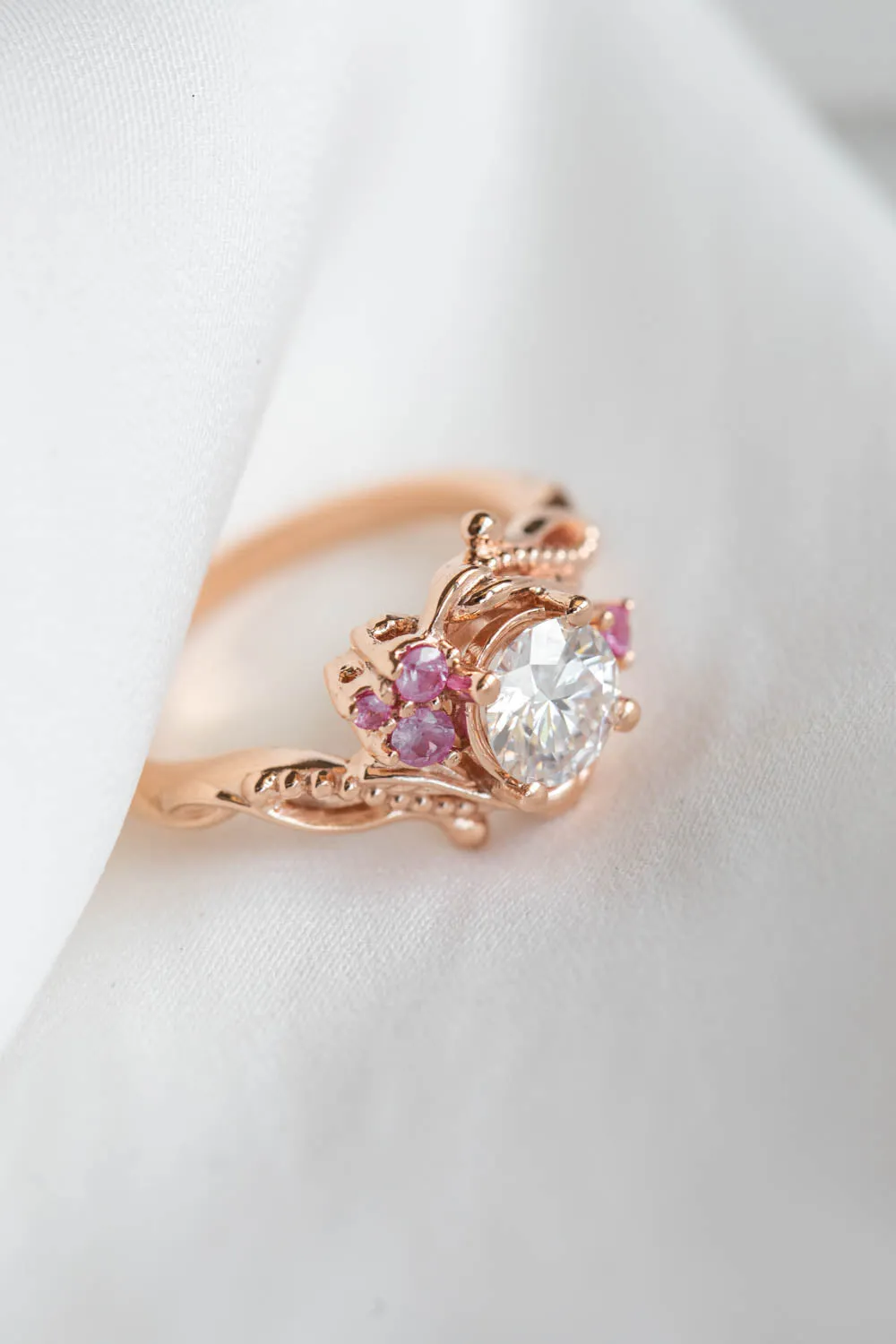 1 carat lab grown diamond engagement ring, nature themed gold proposal ring with sapphires / Undina