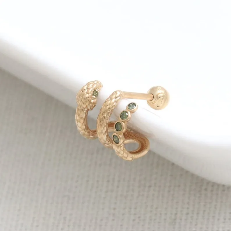 14K 18K Solid Gold Genuine Green Diamonds Snake Ear Hoop Stud Cartilage Tragus Helix Conch Lobe Piercing Earring- 18G, 16G/ 1qty