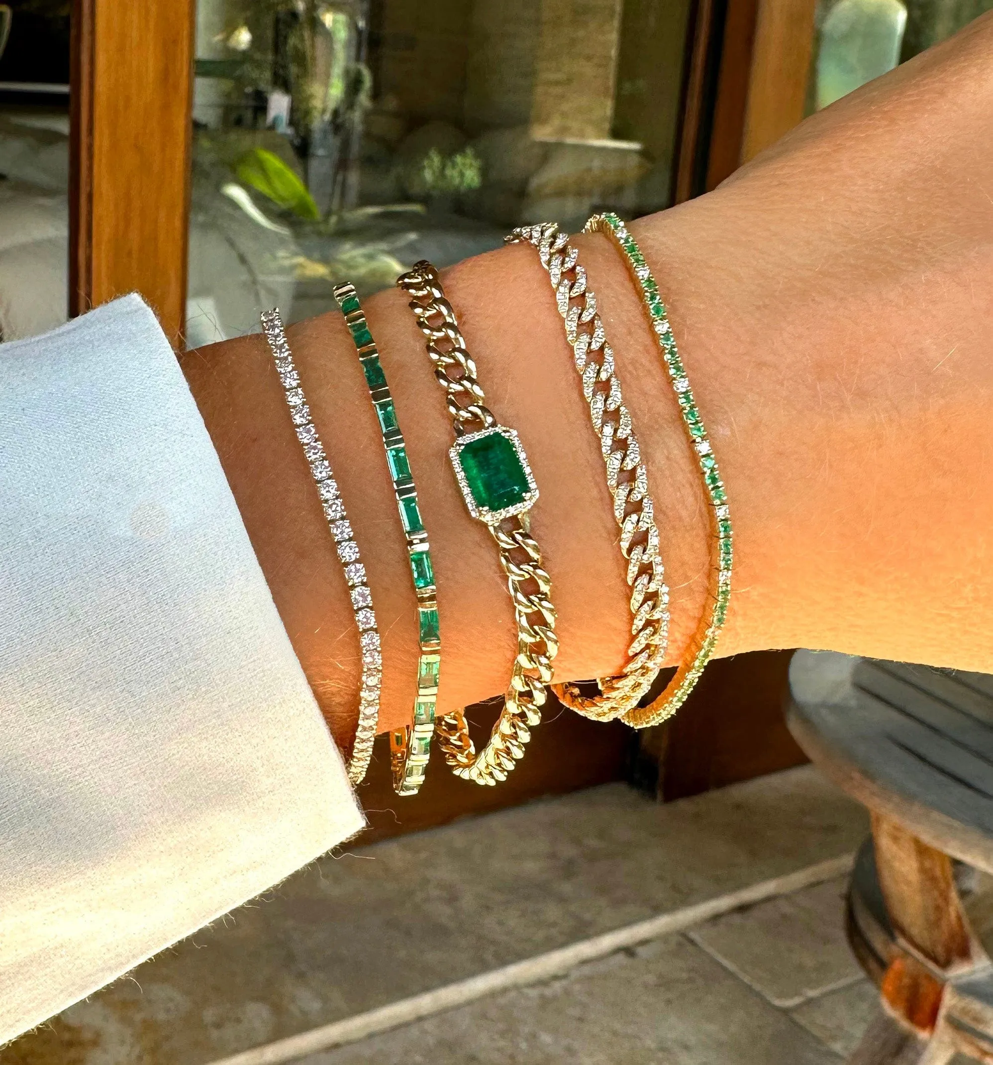 14K Gold Emerald and Diamond Cuban Chain Bracelet