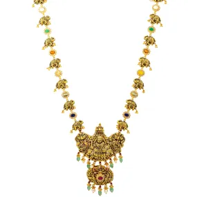 22K Antique Gold Goddess Laxmi Necklace w. Gems & Pearls (83.2 grams)