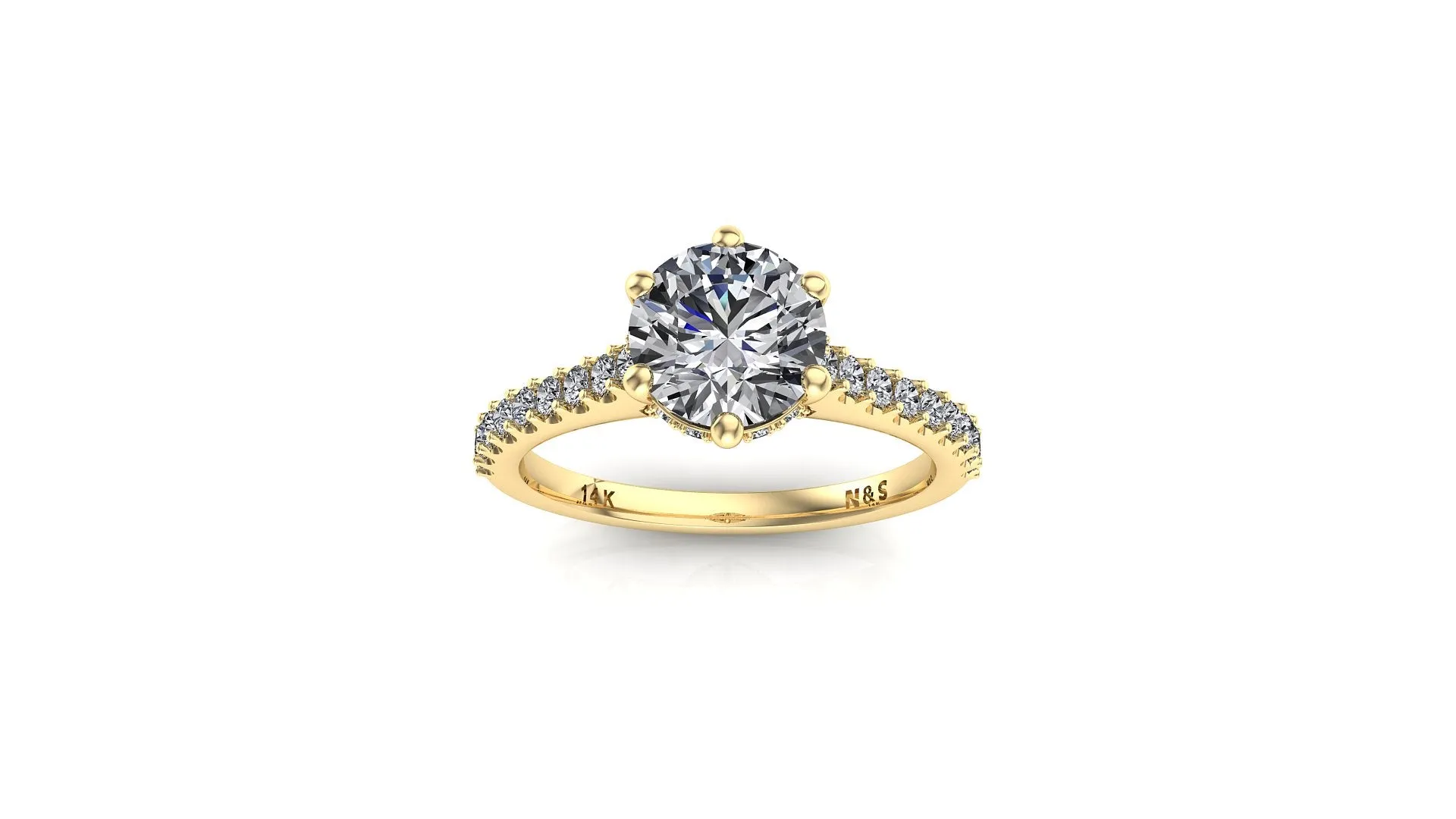 6.0mm (0.80ct) Jennifer ForeverOne Round Moissanite Underhalo Diamond Bridge Engagement Ring 14K Gold MOENG057