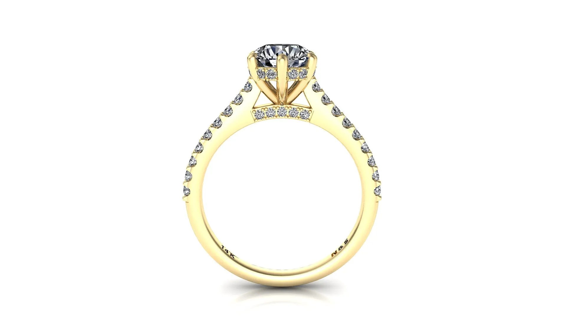 6.0mm (0.80ct) Jennifer ForeverOne Round Moissanite Underhalo Diamond Bridge Engagement Ring 14K Gold MOENG057