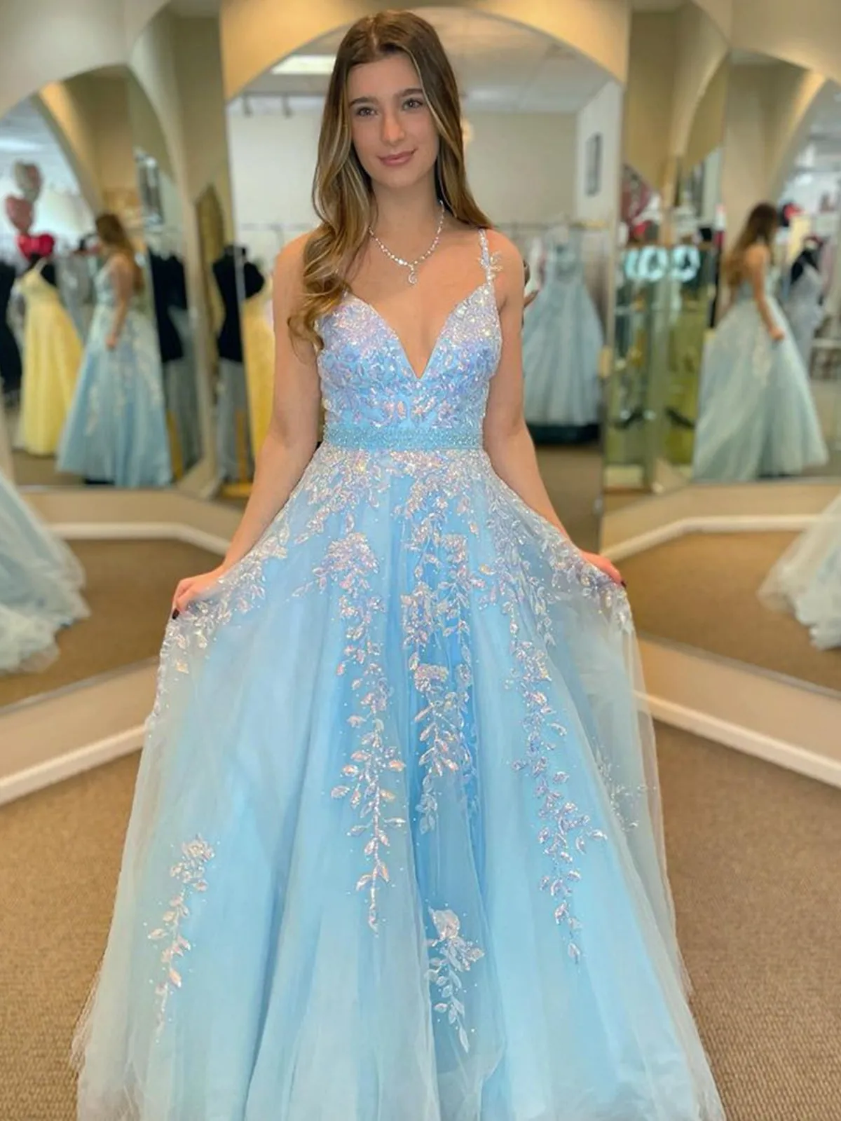 A Line V Neck Open Back Beaded Blue Lace Long Prom Dresses with Belt, Blue Lace Formal Dresses, Beaded Blue Evening Dresses SP2387