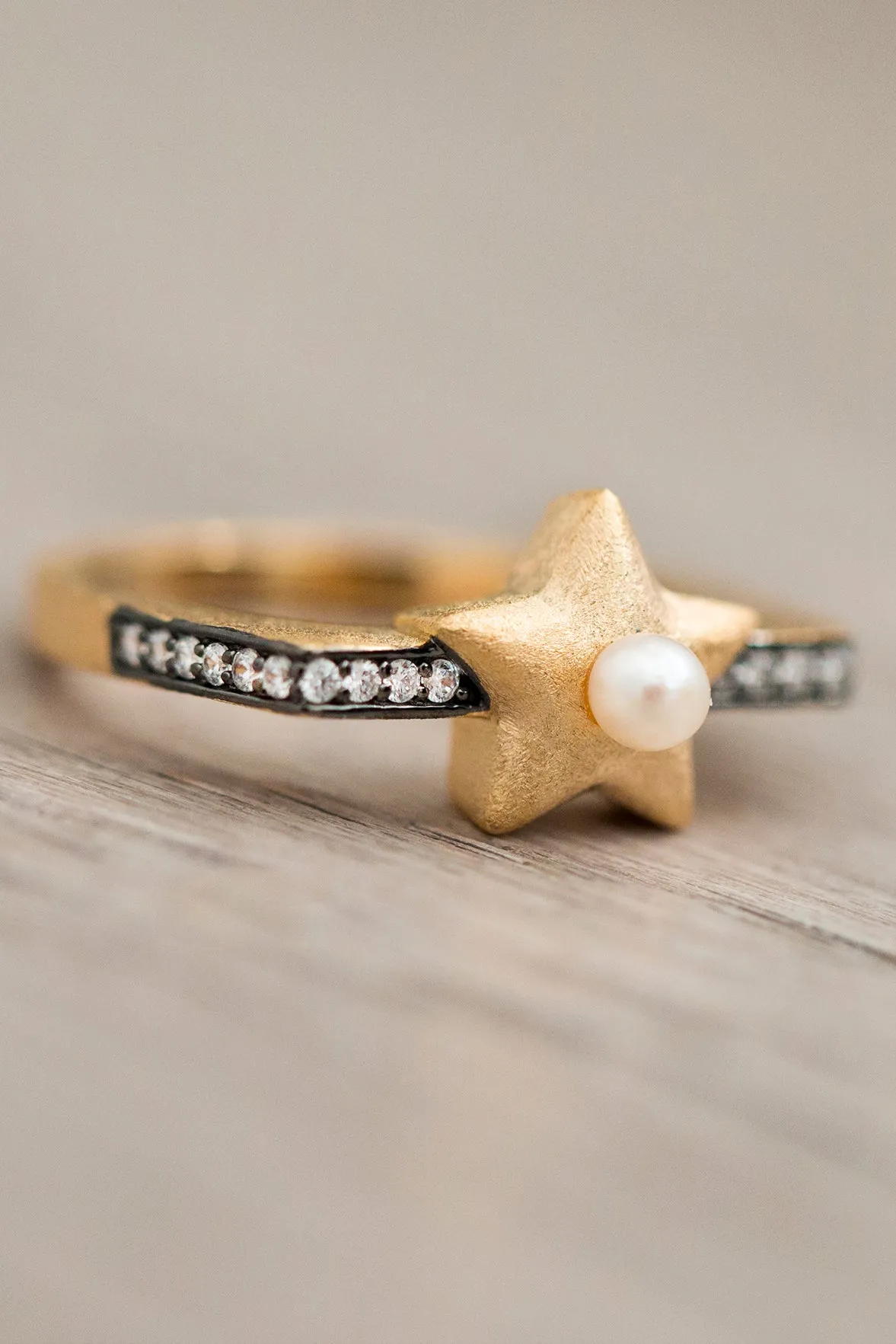 AMMANII Freshwater Pearl Studded Star Ring in Vermeil Gold