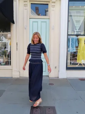 Annie Smocked Top Navy with White Stitching