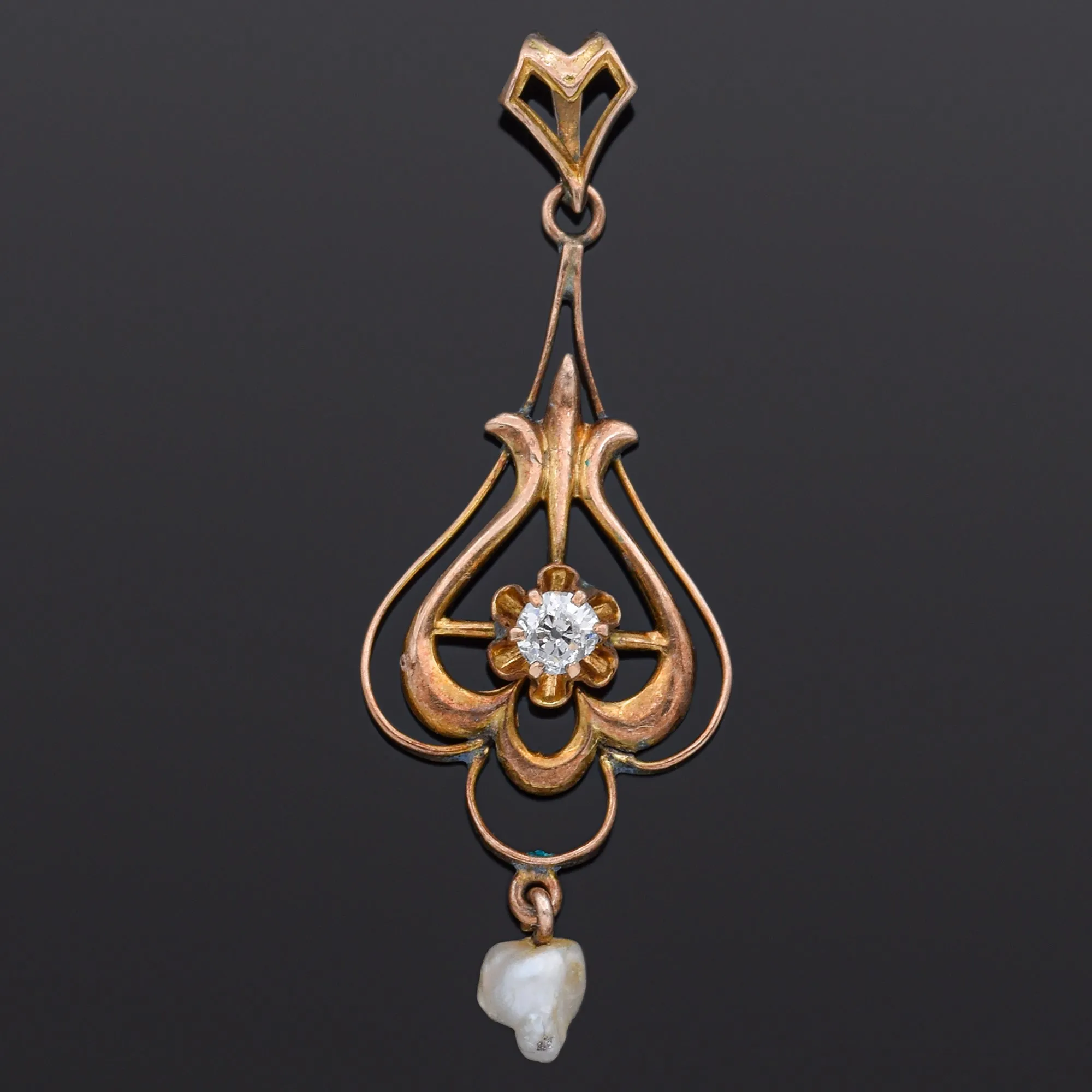 Antique 10K Yellow Gold Pearl & Old Mine Cut Diamond Pendant