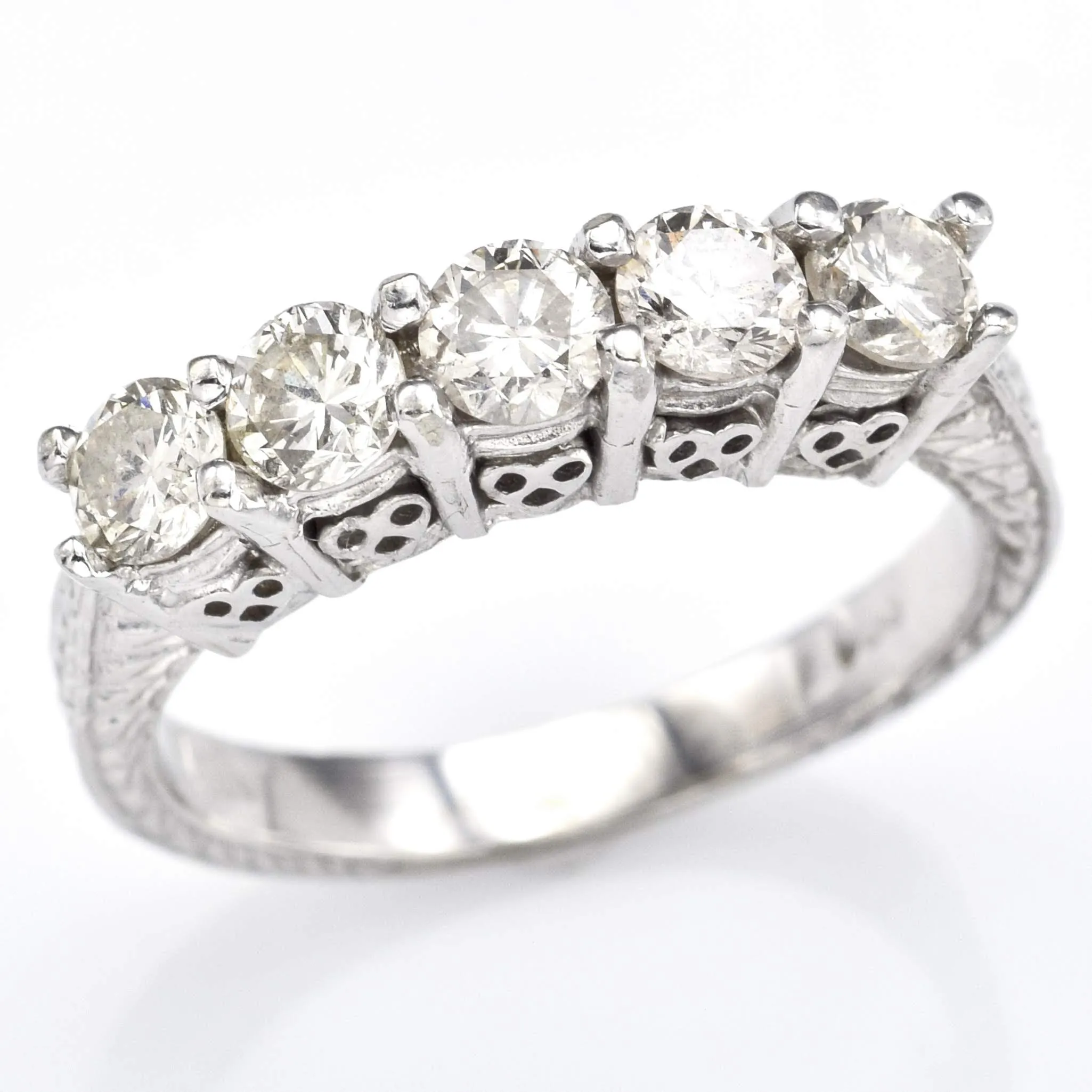 Antique 14K White Gold 1.15 TCW Diamond Etched Band Ring