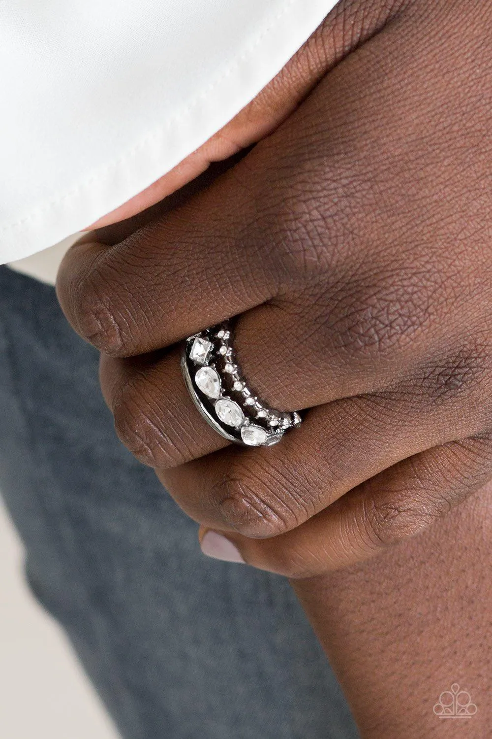 Backstage Sparkle Gunmetal Black and White Rhinestone Ring - Paparazzi Accessories