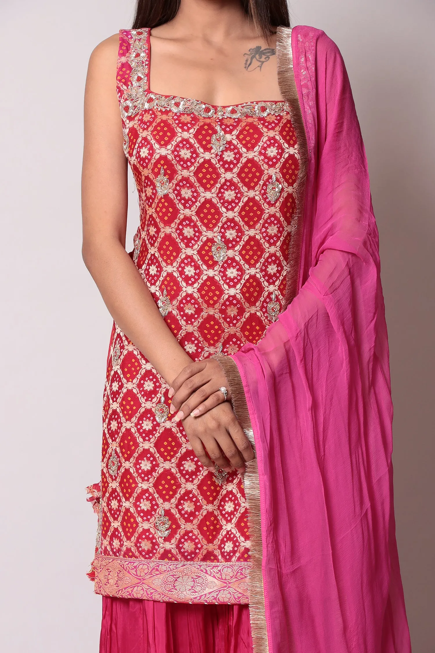 Bandhej Georgette Sharara set with Zardozi work