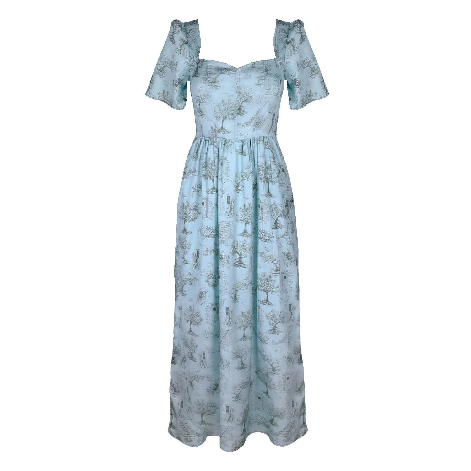 Beatrice Maxi Dress With Sweetheart Neckline / Cottage Blue   Pewter Green Cotton Toile