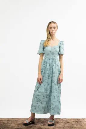 Beatrice Maxi Dress With Sweetheart Neckline / Cottage Blue   Pewter Green Cotton Toile