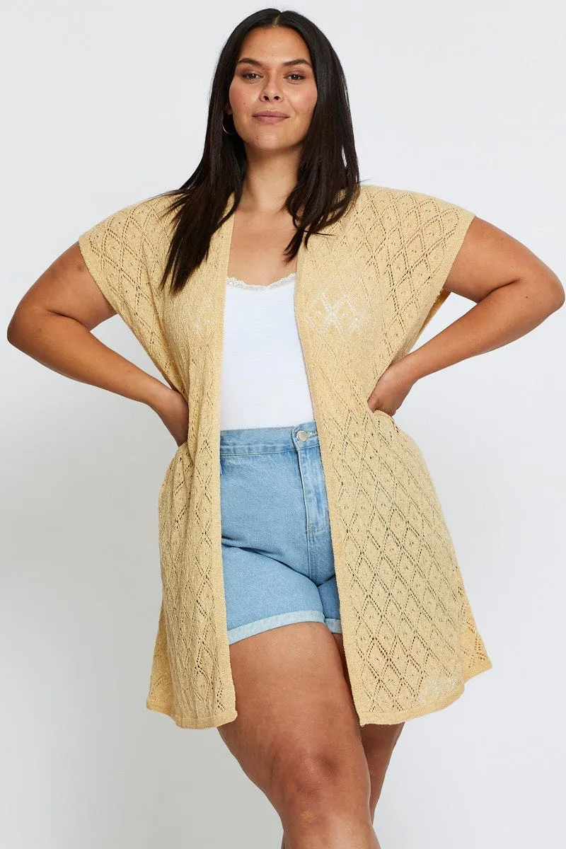 Beige Knit Cardigan Crochet Short Sleeve