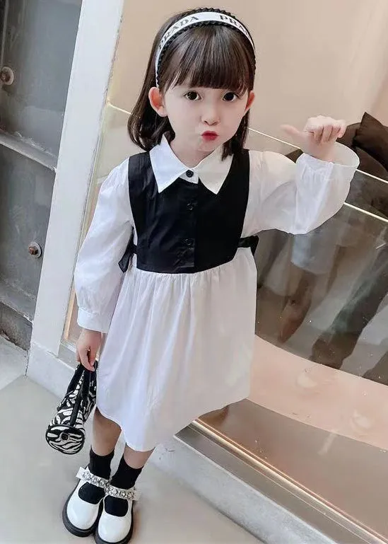 Black False Two Pieces Cotton Girls Dress Peter Pan Collar Fall XZ091