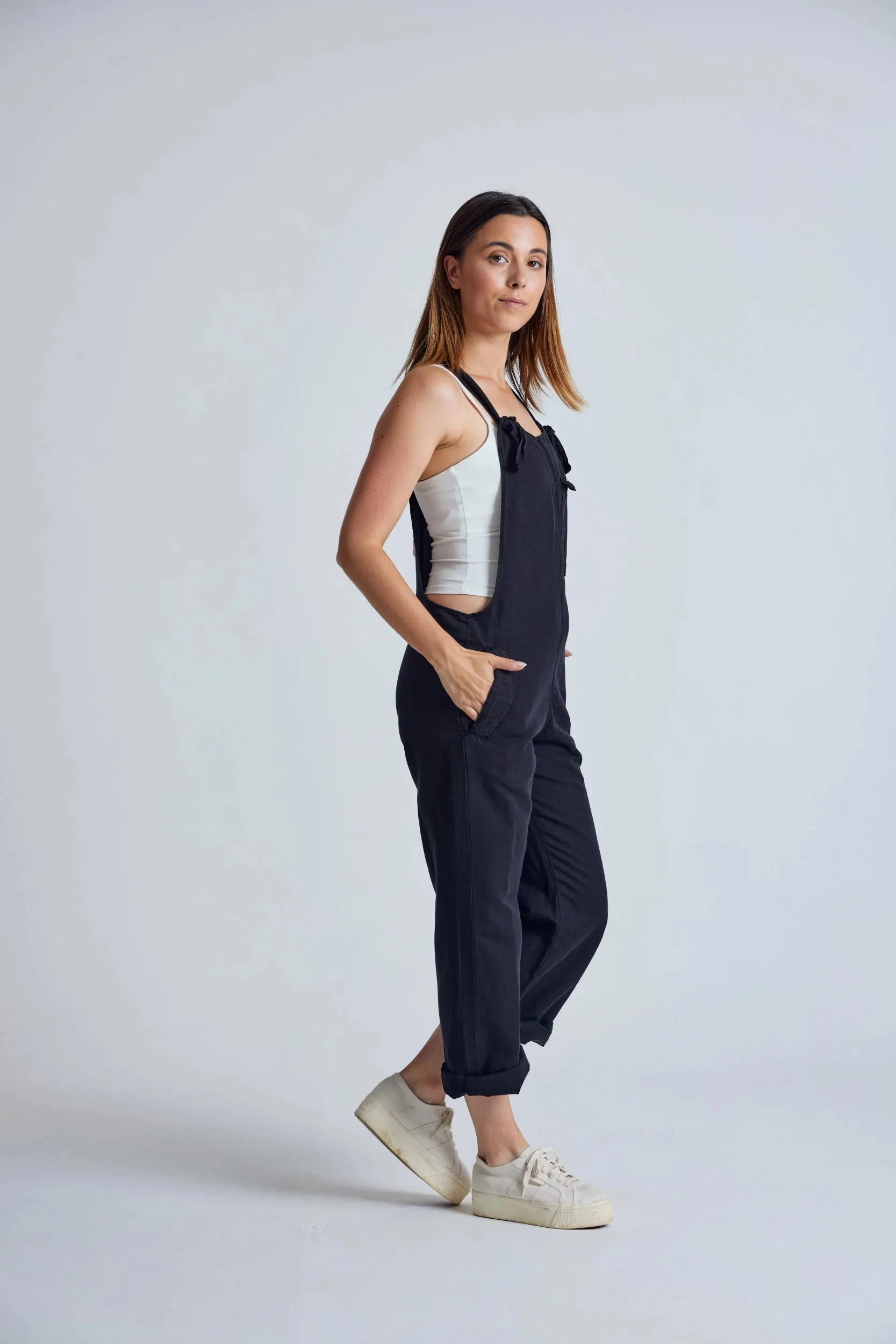 Black Mary-Lou Pocket Dungaree - GOTS Certified Organic Cotton and Linen