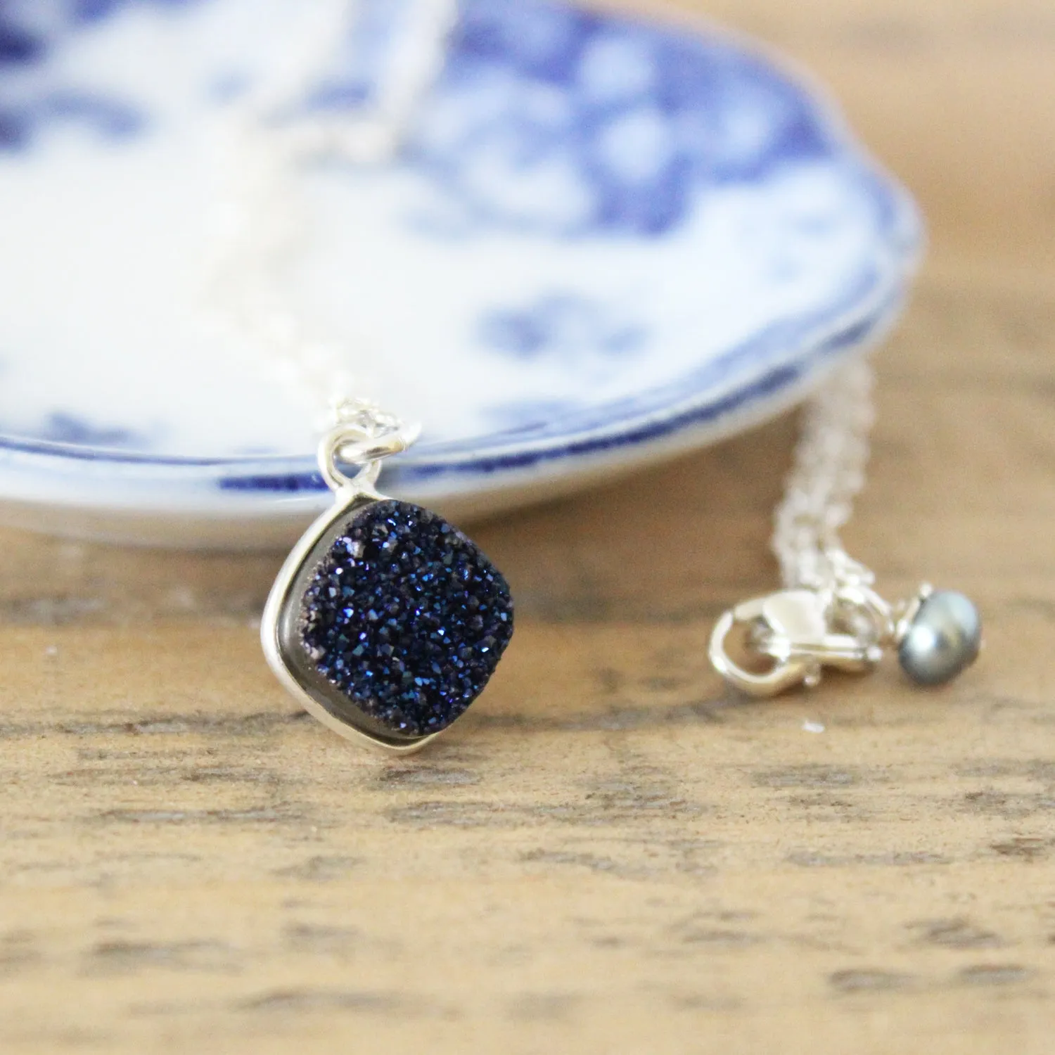 Blue Silver Druzy Necklace