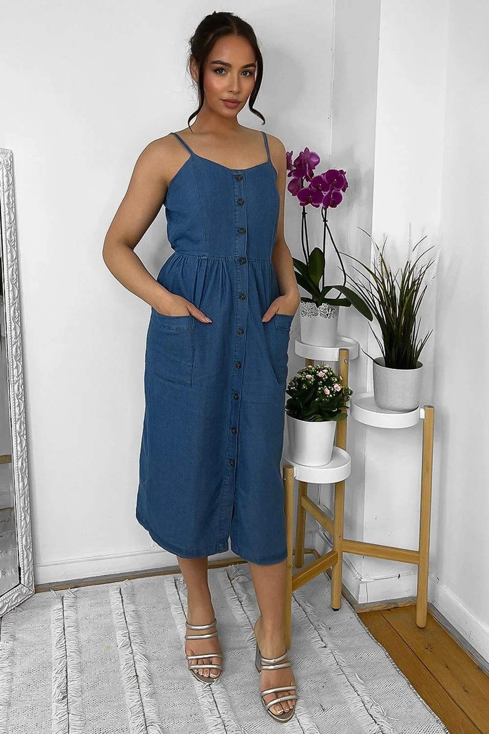 Buttoned Down Strappy Denim Midi Dress