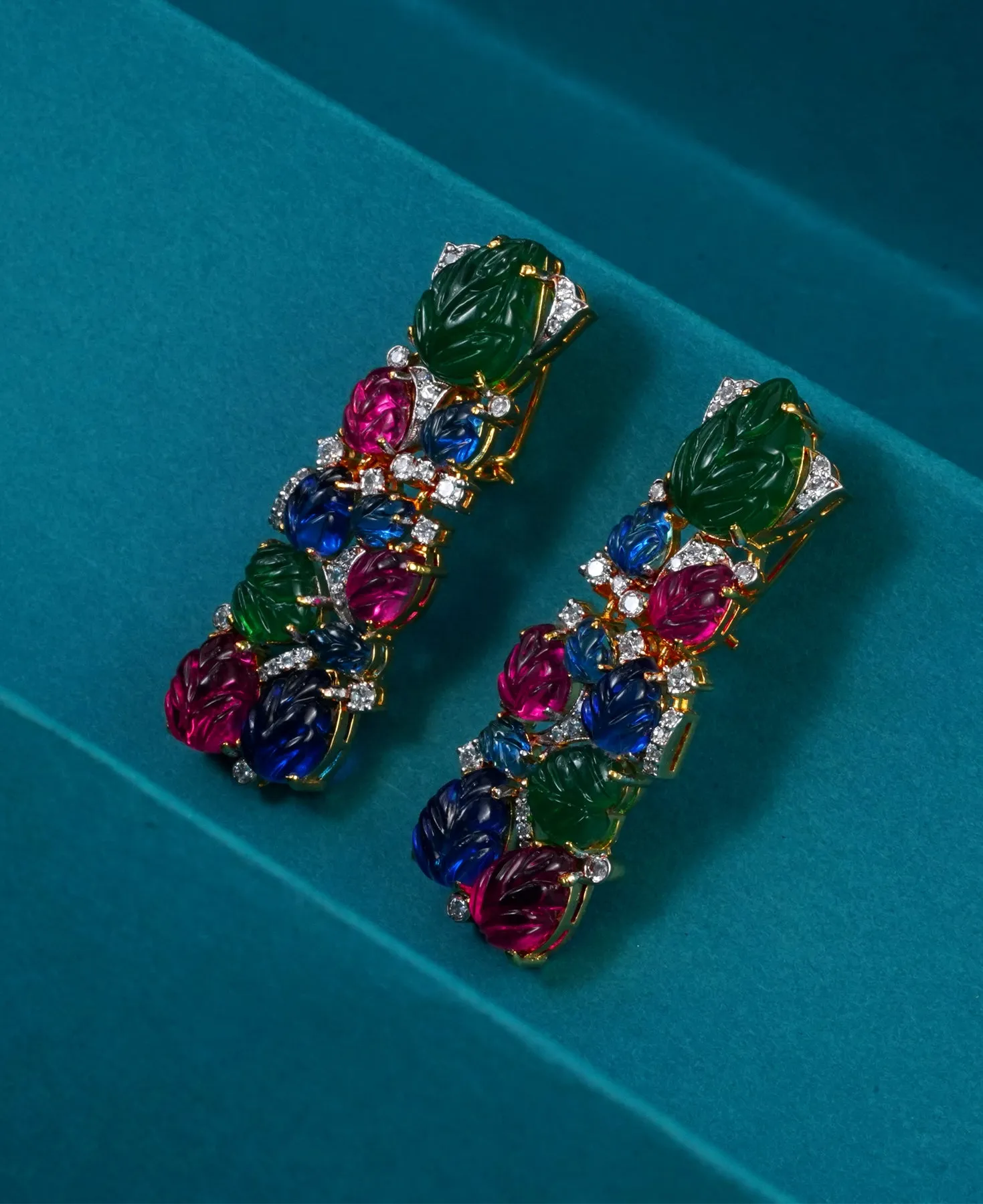 Carved Ruby, Emerald and Sapphire Earrings