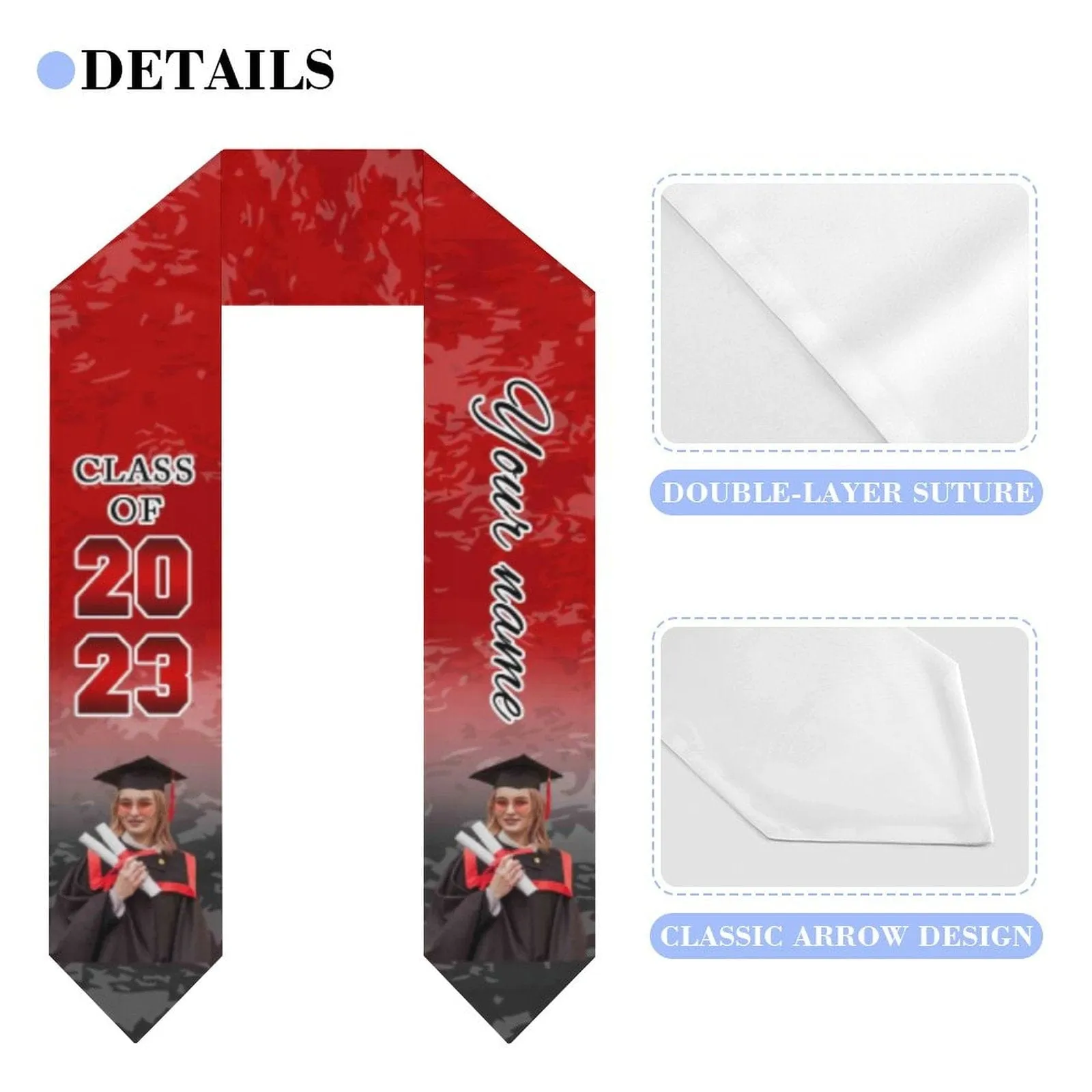 Custom Photo&Name Red Graduation Stoles Sash Class of 2023 Graduation Gift