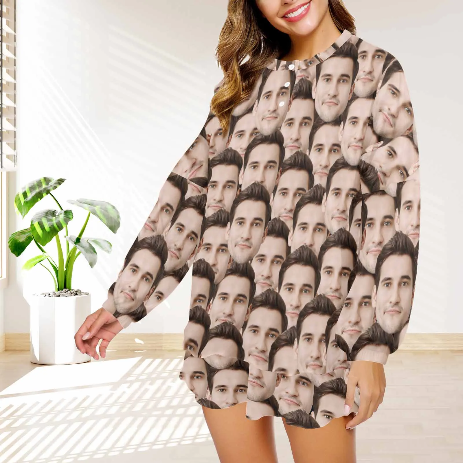 Custom Seamless Face Pajama Set Women's Long Sleeve Top and Shorts Loungewear Tracksuits