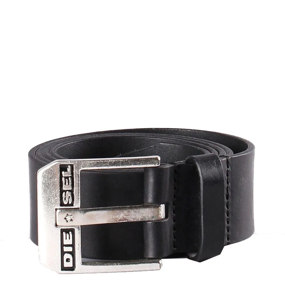 Diesel Blue-Star Leather Regular Fit Belt - Black/Sliver