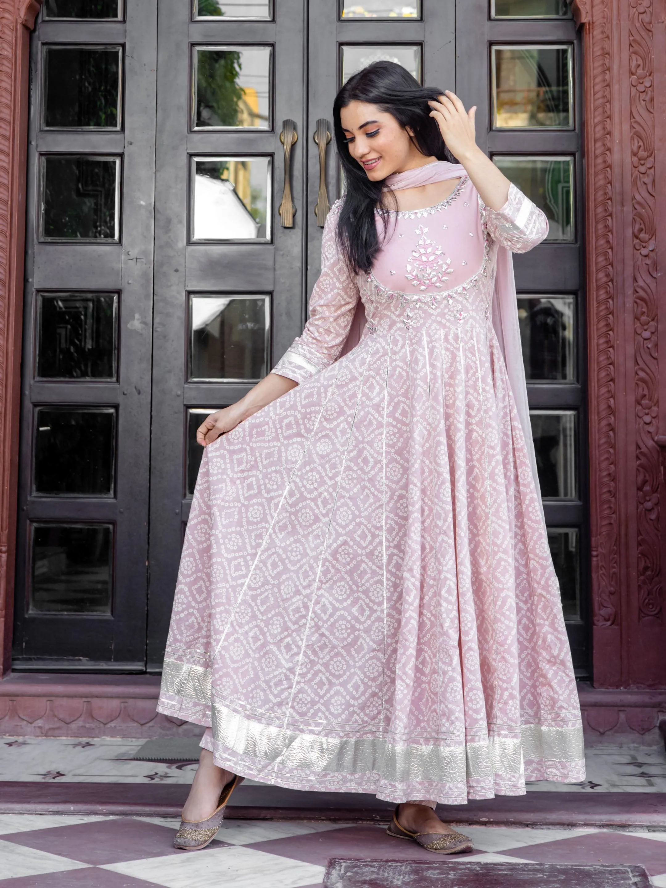 Divena Light Pink Cotton Anarkali Kurta Pant set with Net Dupatta