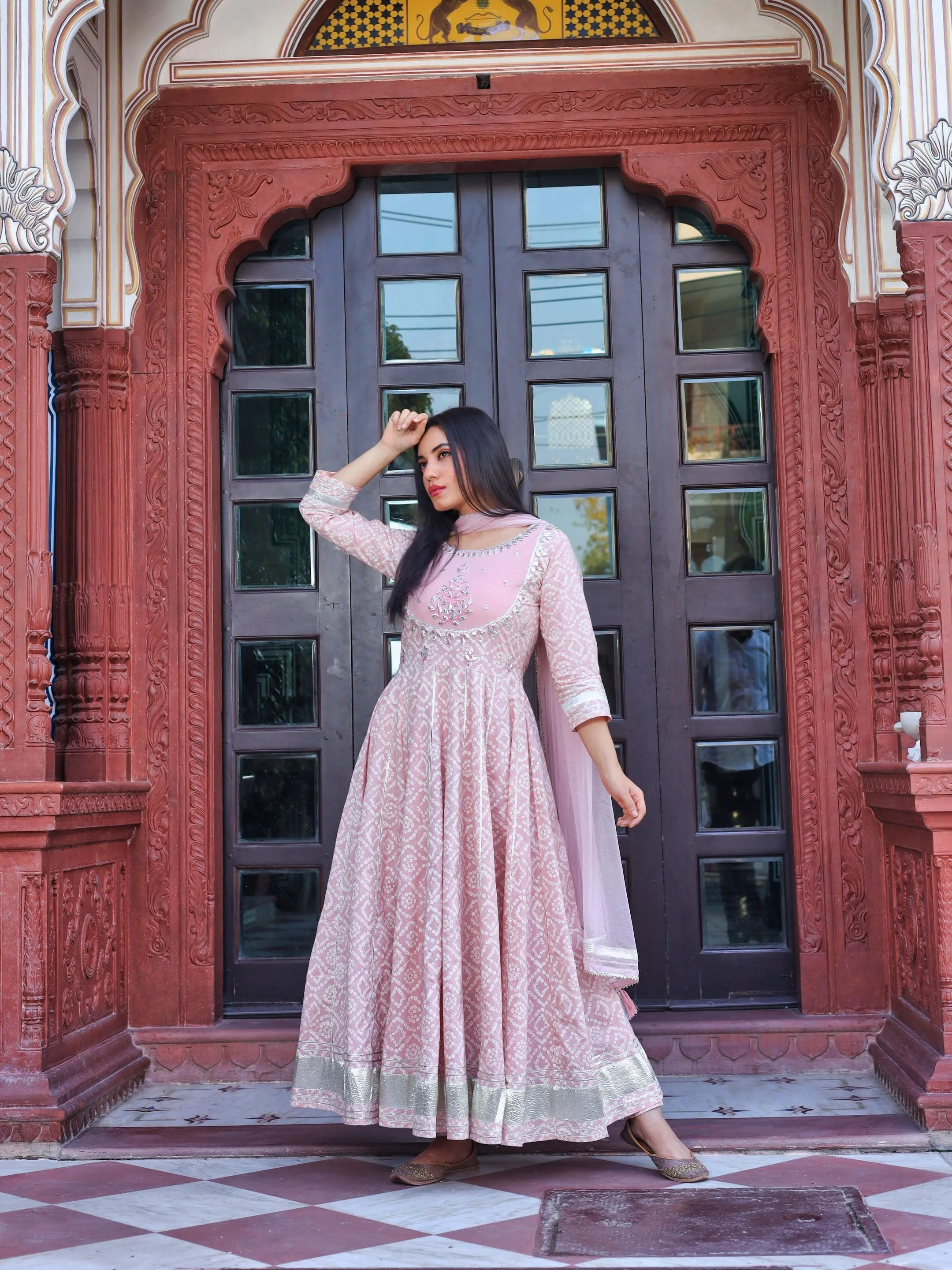 Divena Light Pink Cotton Anarkali Kurta Pant set with Net Dupatta