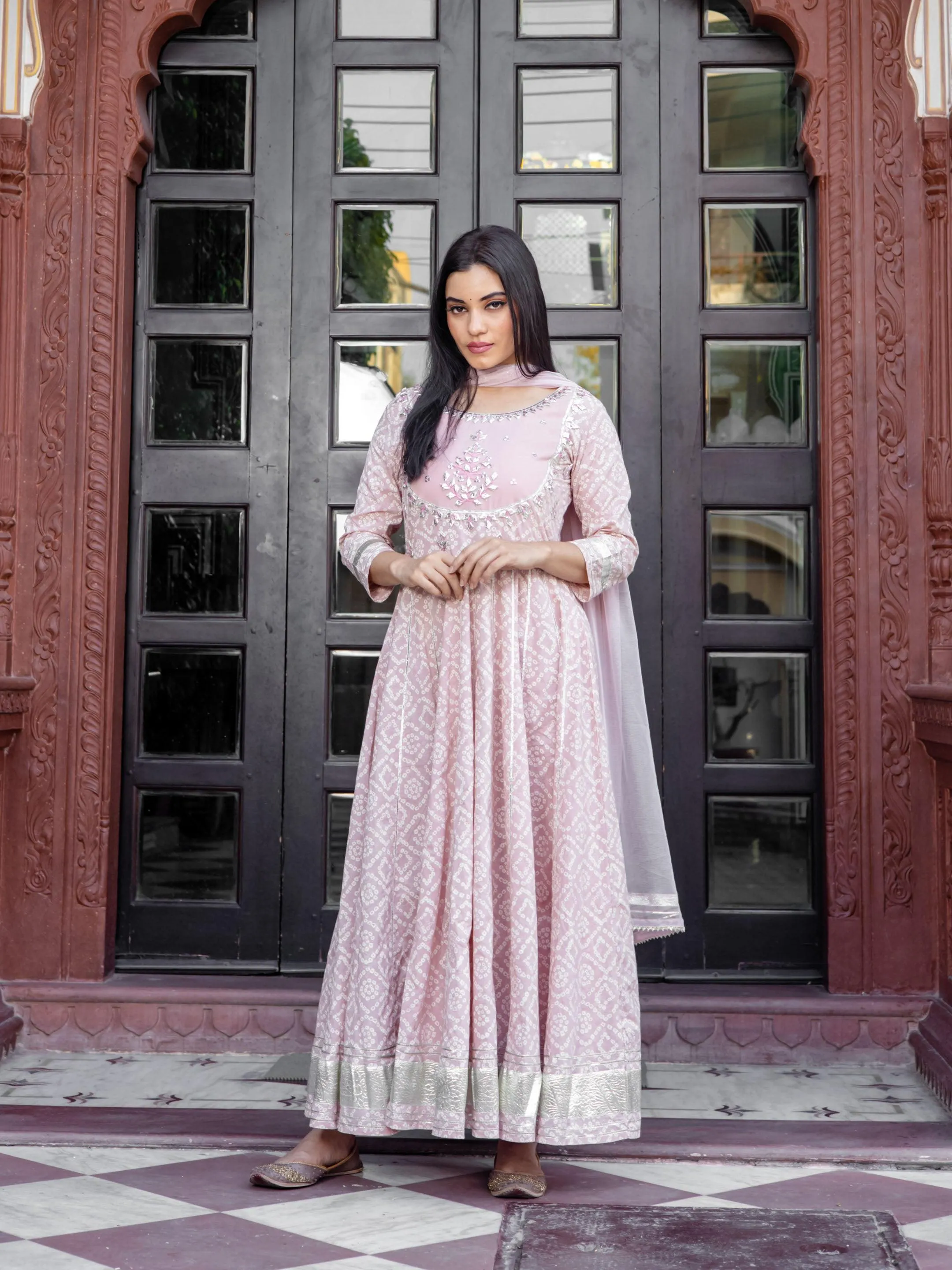 Divena Light Pink Cotton Anarkali Kurta Pant set with Net Dupatta