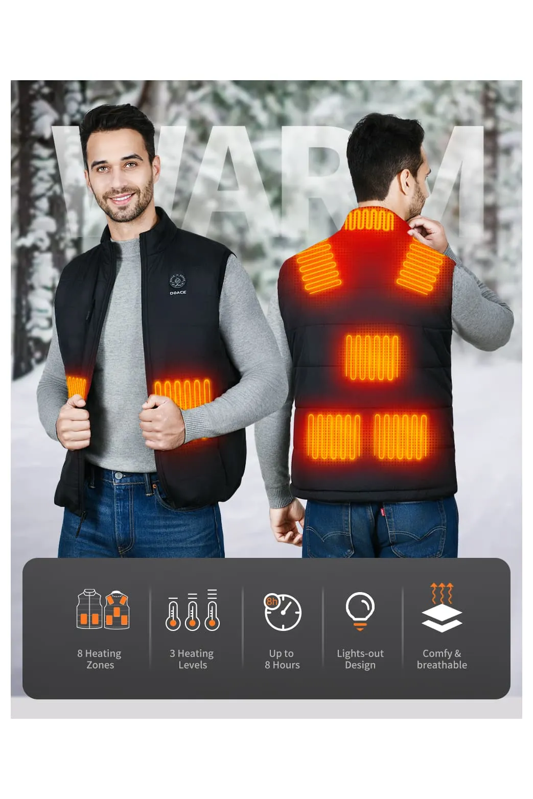 DOACE Wear Cotton Stand Collar Heated  Vest for Men(Battery Not Included)