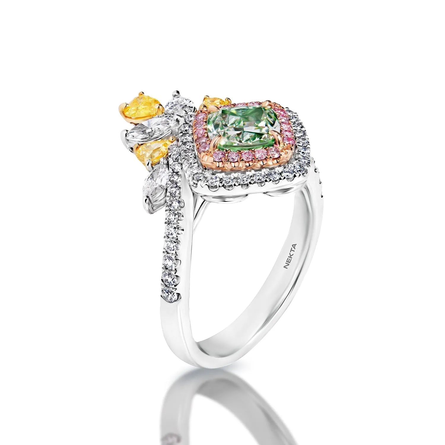 Emmie 3 Carat Fancy Light Yellowish Green SI1 Cushion Cut Diamond Engagement Ring in White Gold By Mike Nekta. GIA Certified