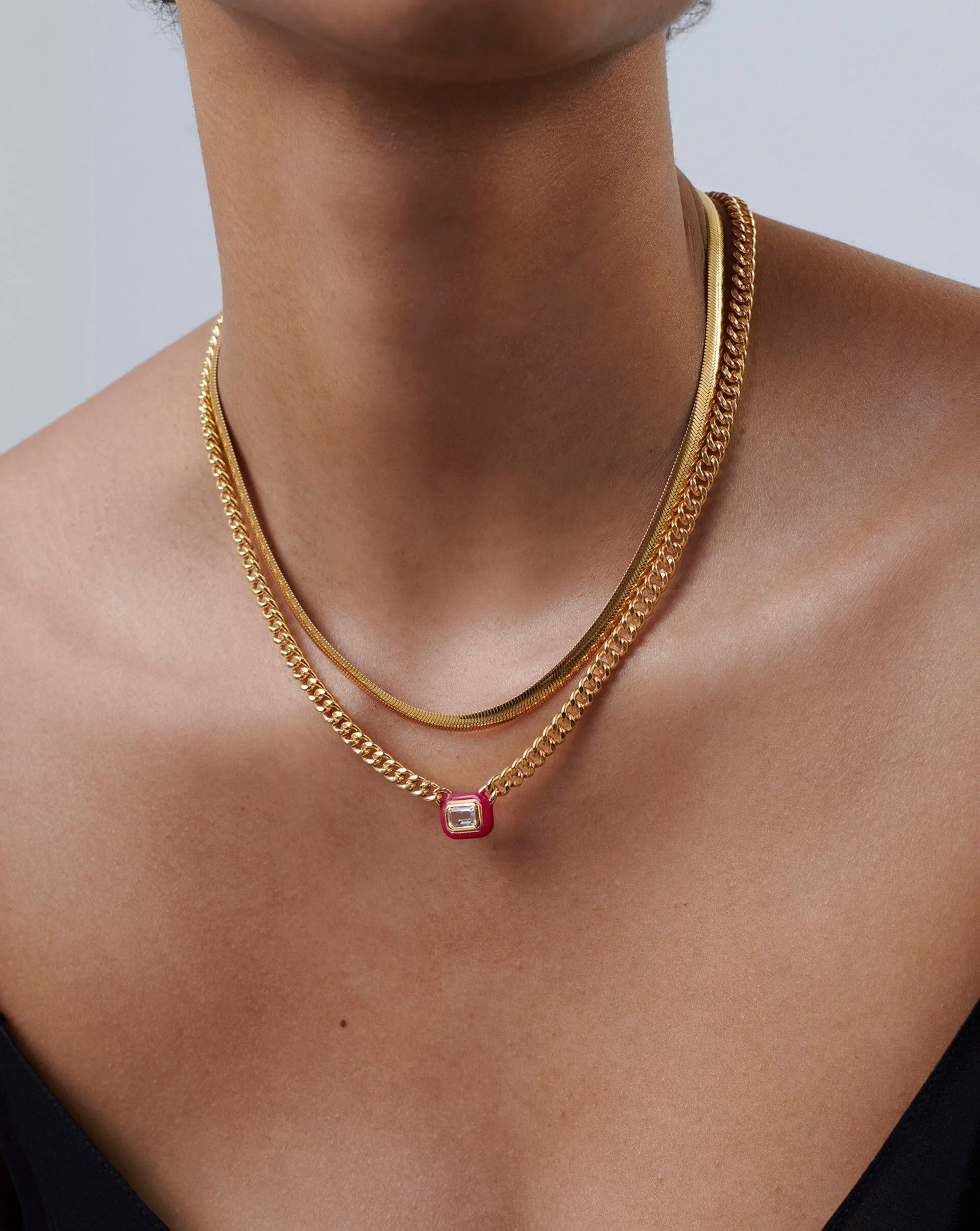 Enamel & Stone Floating Pendant Chain Necklace | 18ct Gold Plated/White Cubic Zirconia