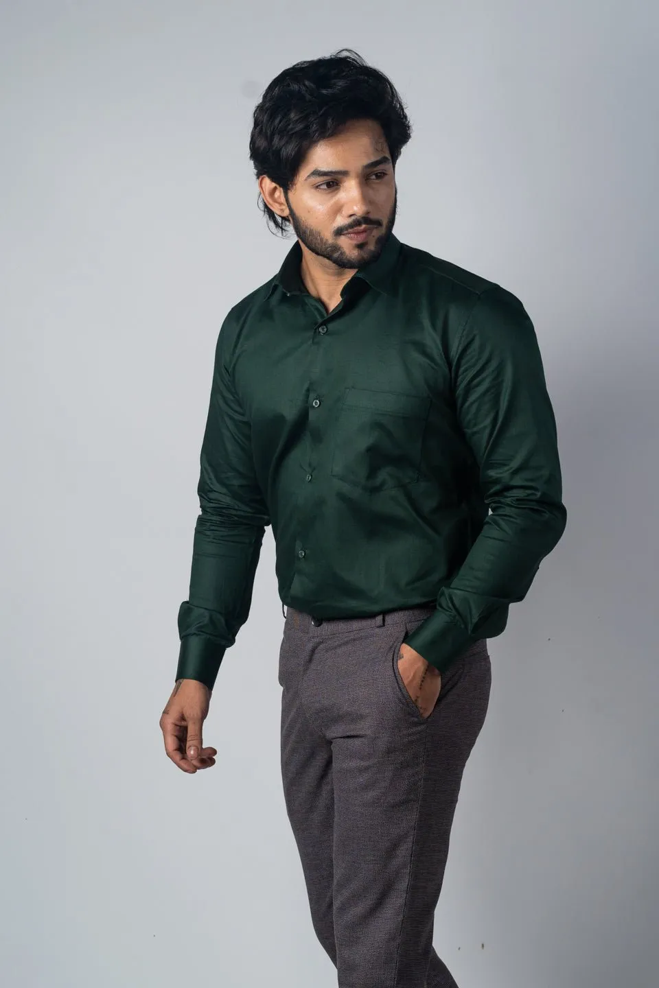 Forest Green Color Micro Checks Texture Satin Cotton Shirt For Men