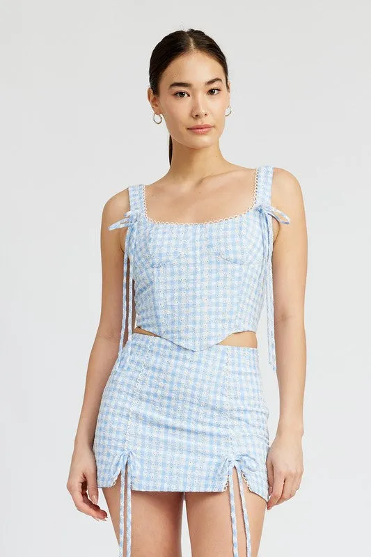 GINGHAM BUSTIER TOP WITH SMOCKED BACK