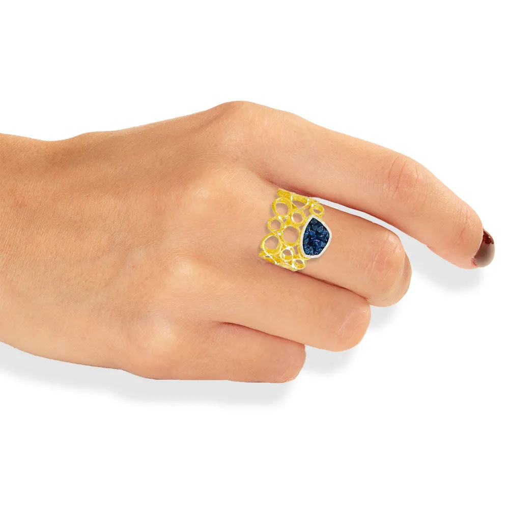 Handmade Gold Plated Silver Diamond Curved Ring With Blue Crystals