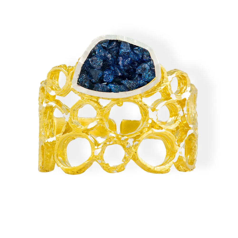 Handmade Gold Plated Silver Diamond Curved Ring With Blue Crystals