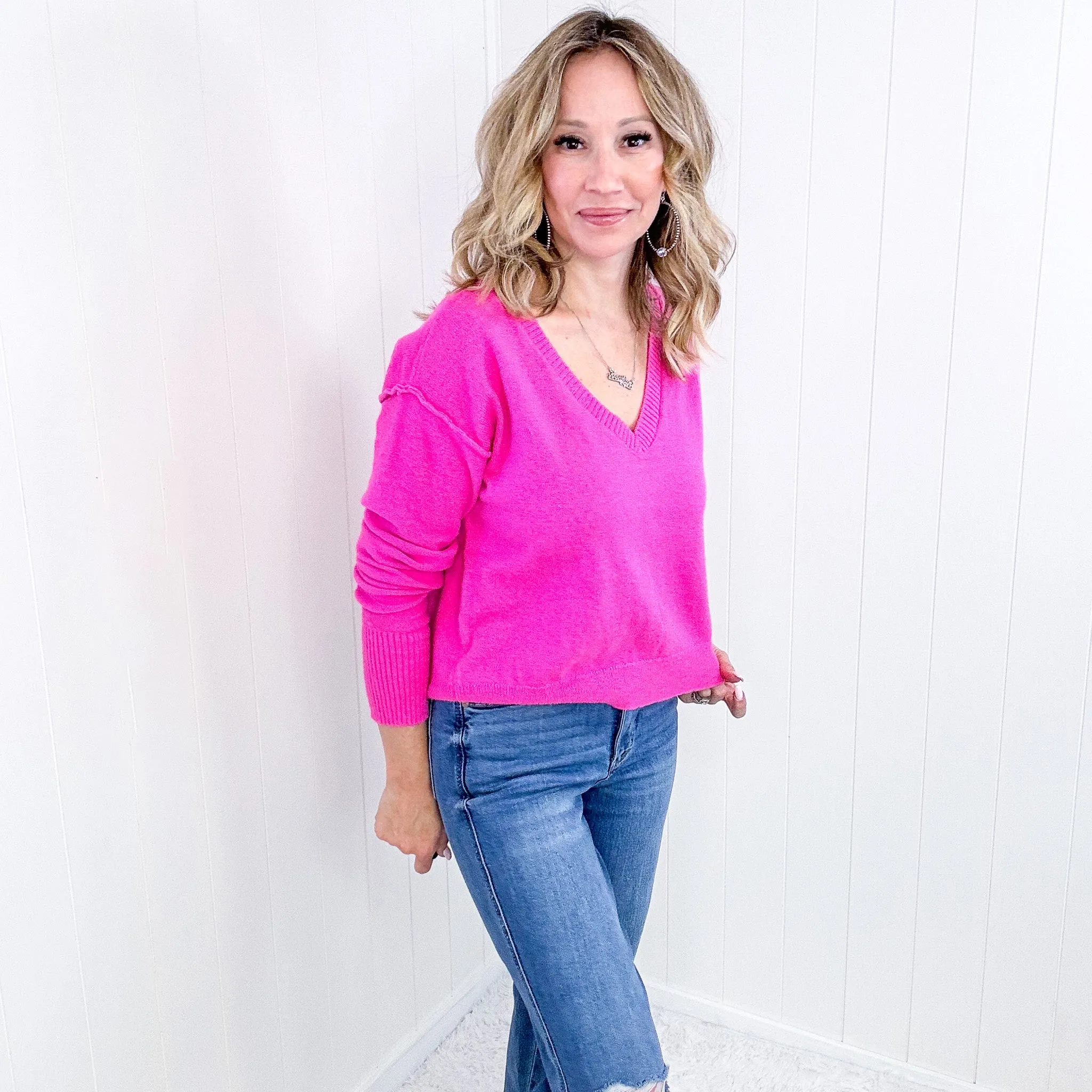 Hot Pink Back to Life V-Neck Sweater