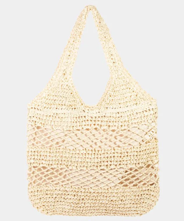 Intricate Straw Handle Tote Bag - Ivory