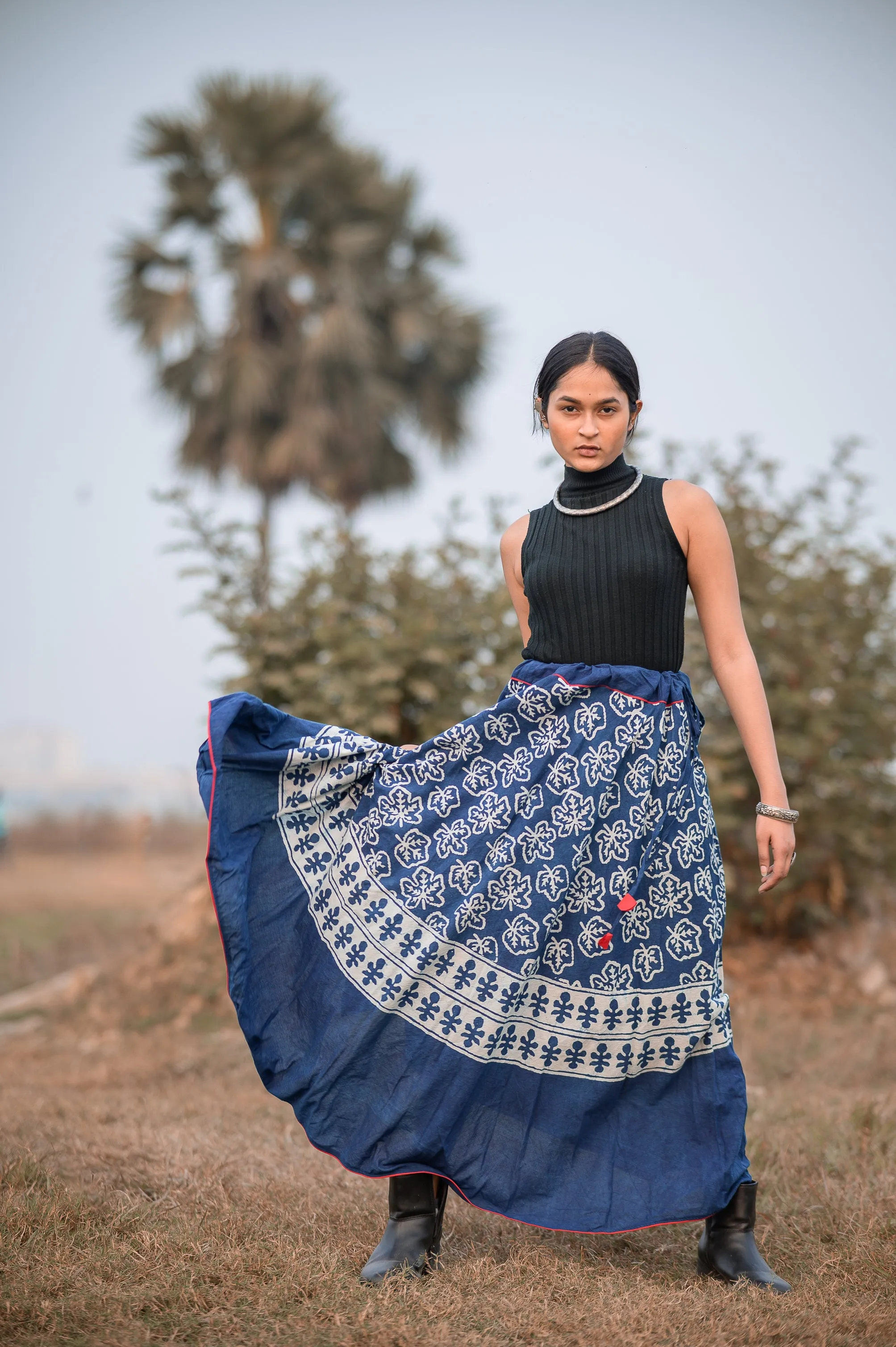 Kaisori Indigo Dabu leaf printed handblockprinted  skirt