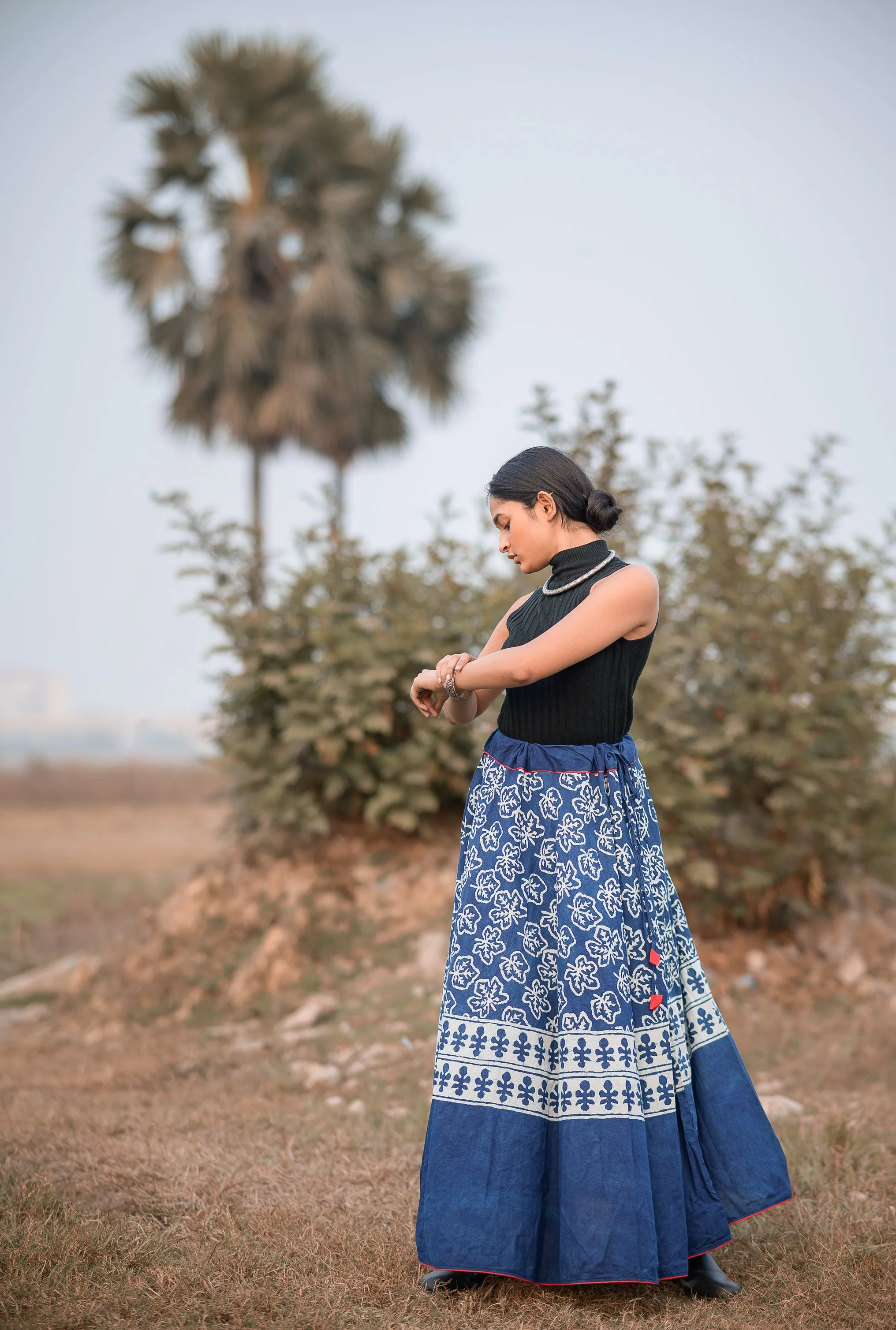 Kaisori Indigo Dabu leaf printed handblockprinted  skirt