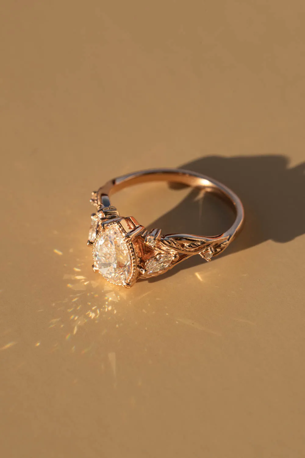 Lab grown diamond twig engagement ring, pear cut gemstone rose gold ring with leaves and diamonds / Patricia