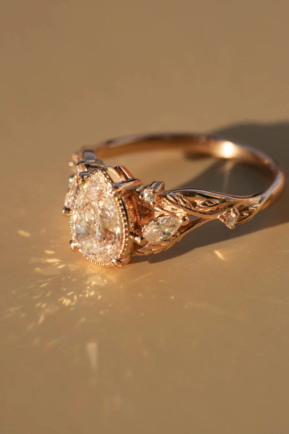 Lab grown diamond twig engagement ring, pear cut gemstone rose gold ring with leaves and diamonds / Patricia