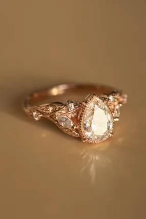 Lab grown diamond twig engagement ring, pear cut gemstone rose gold ring with leaves and diamonds / Patricia