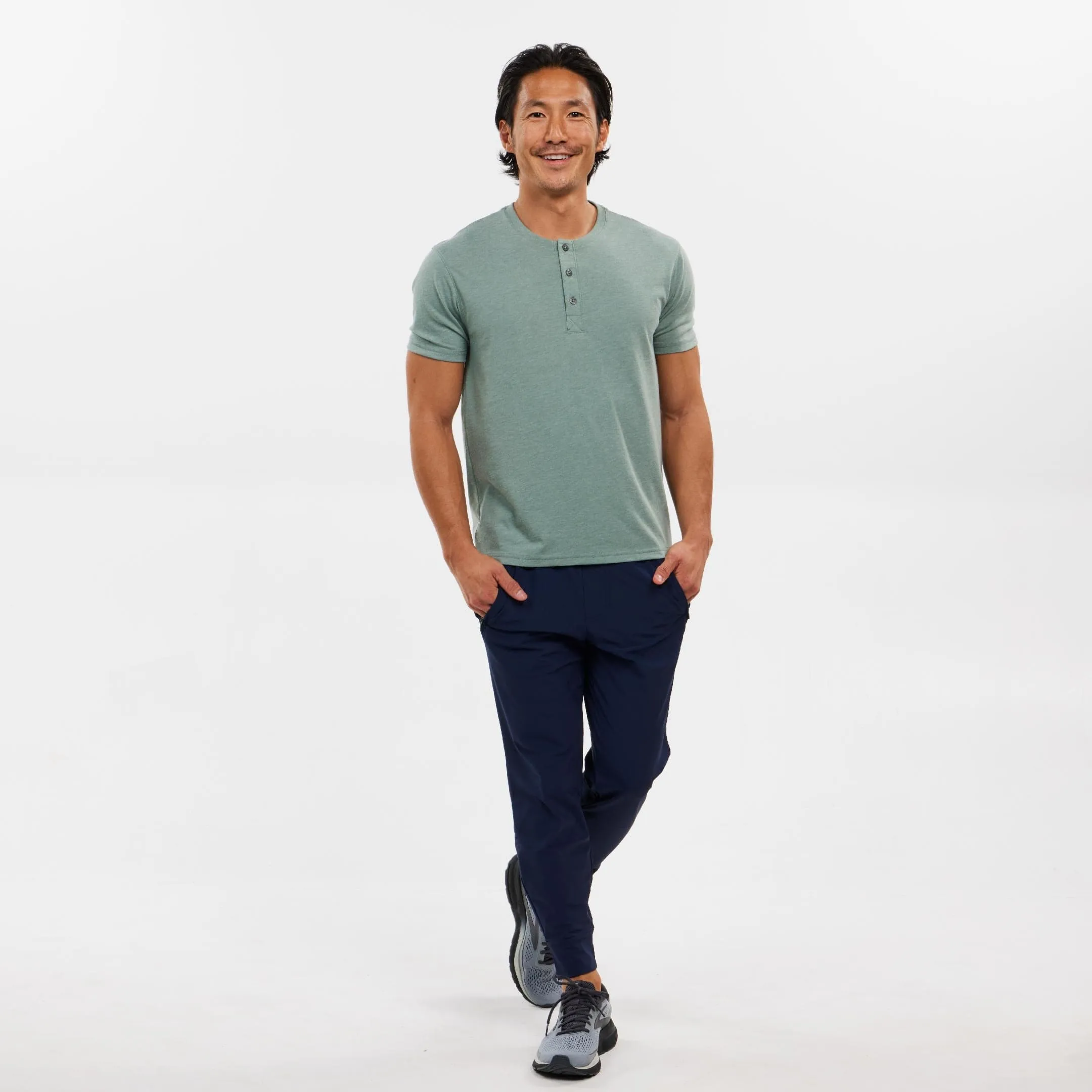 Lightweight Heathered Sage Short Sleeve Henley