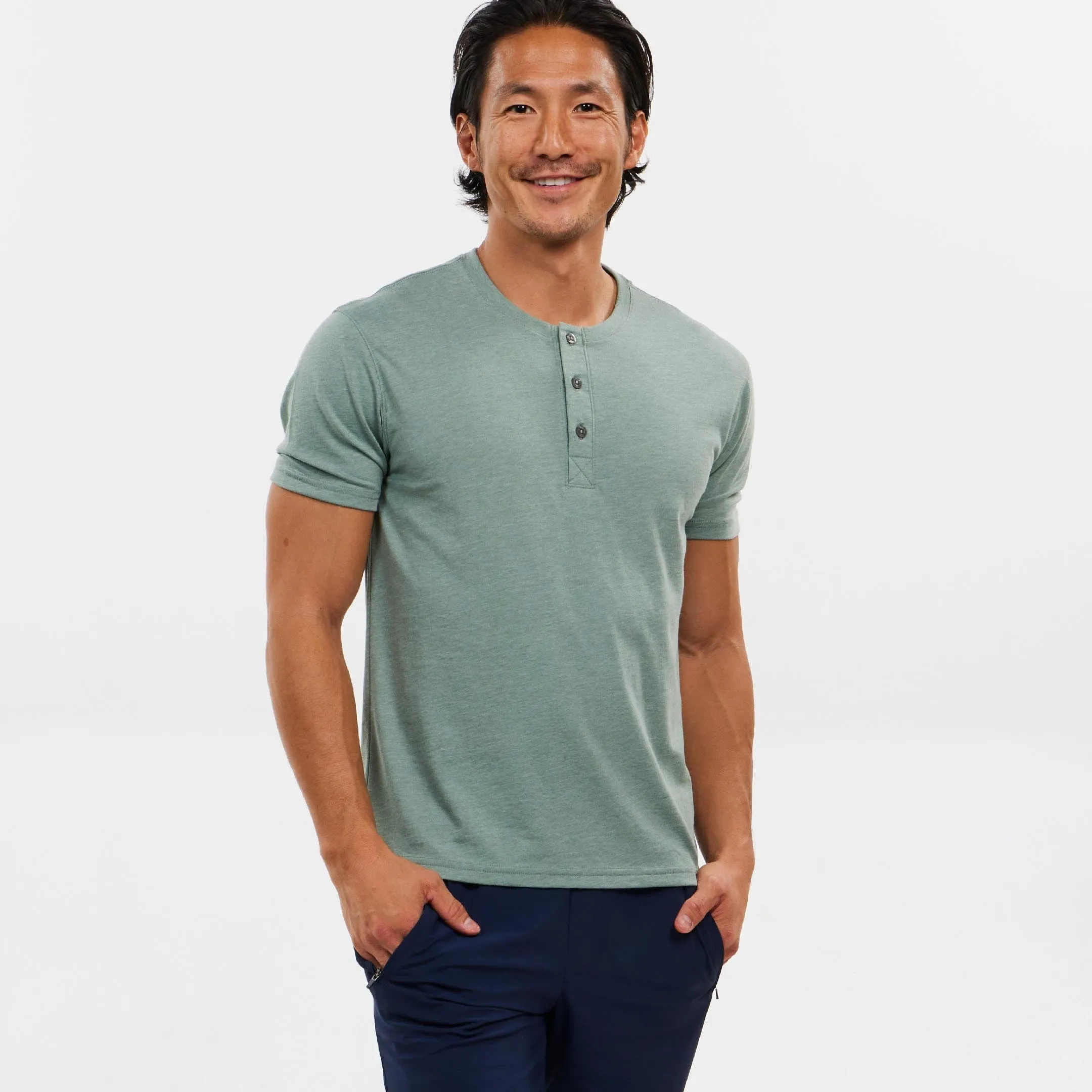 Lightweight Heathered Sage Short Sleeve Henley