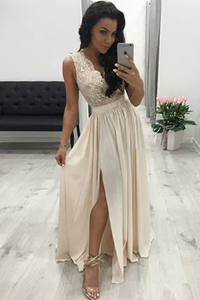 Luxury V Neck Sleeveless Chiffon Appliques With Split Prom Dresses