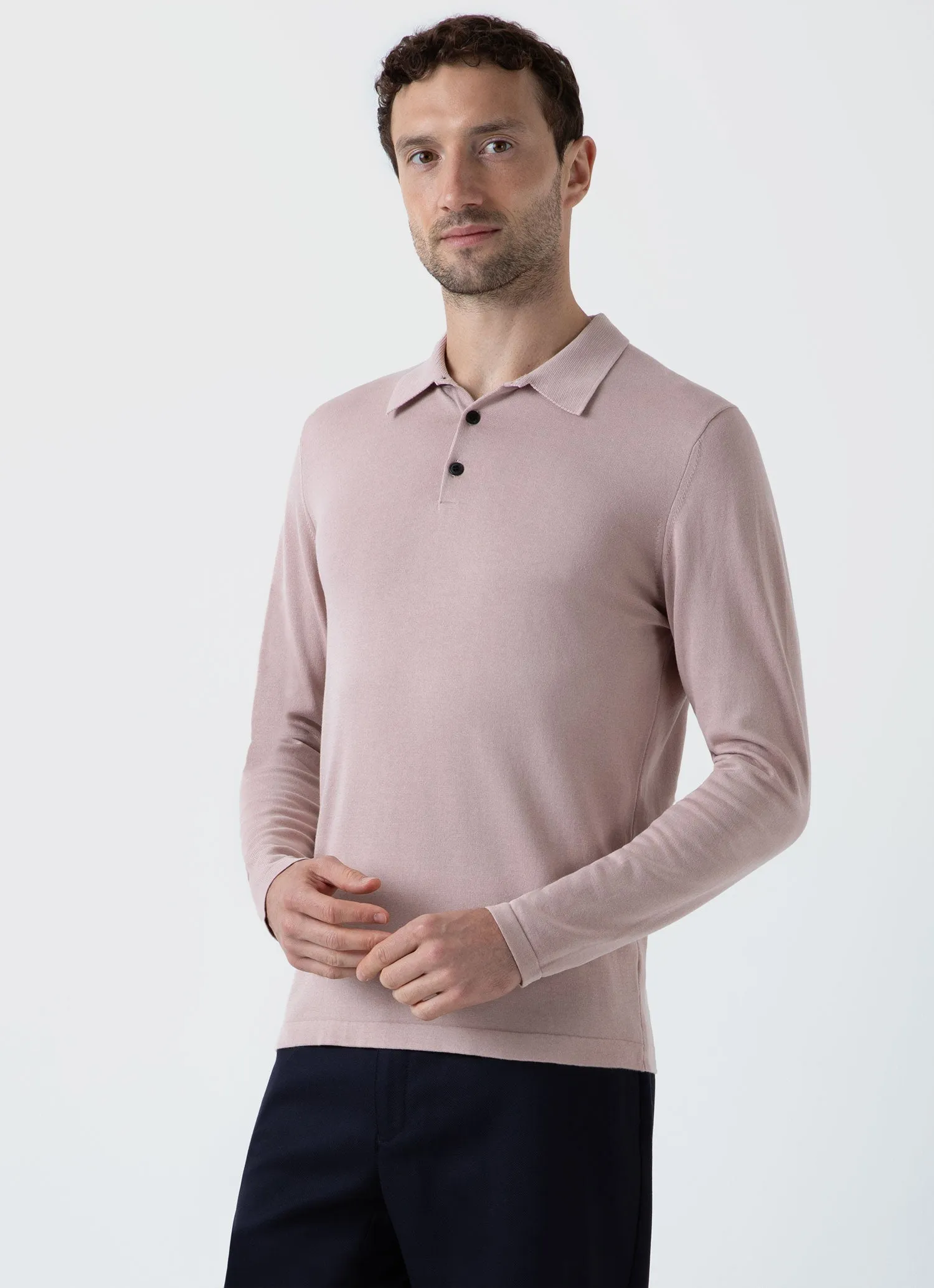 Men's Long Sleeve Sea Island Cotton Polo Shirt in Pale Pink