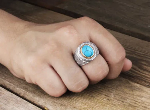 Men's Ring with Natural Blue Turquoise Cabochon in 925 Sterling Silver