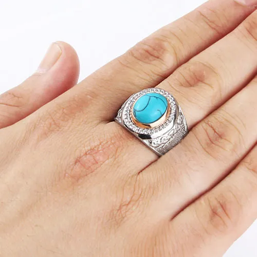 Men's Ring with Natural Blue Turquoise Cabochon in 925 Sterling Silver