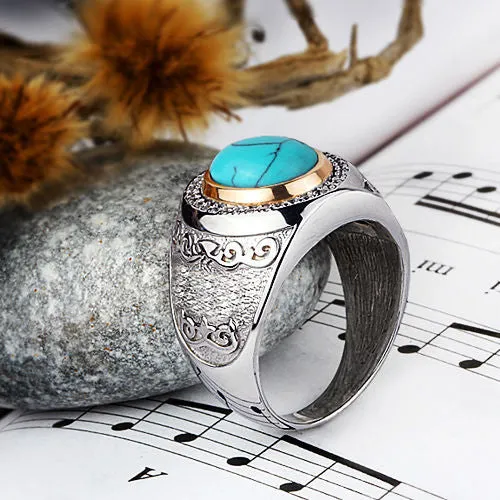 Men's Ring with Natural Blue Turquoise Cabochon in 925 Sterling Silver