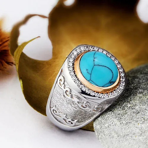 Men's Ring with Natural Blue Turquoise Cabochon in 925 Sterling Silver